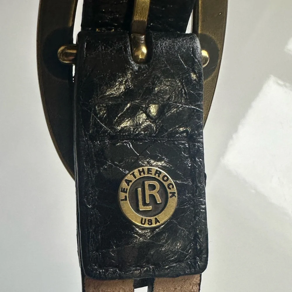 leatherock • black leather belt studded brass double layer western boho chic